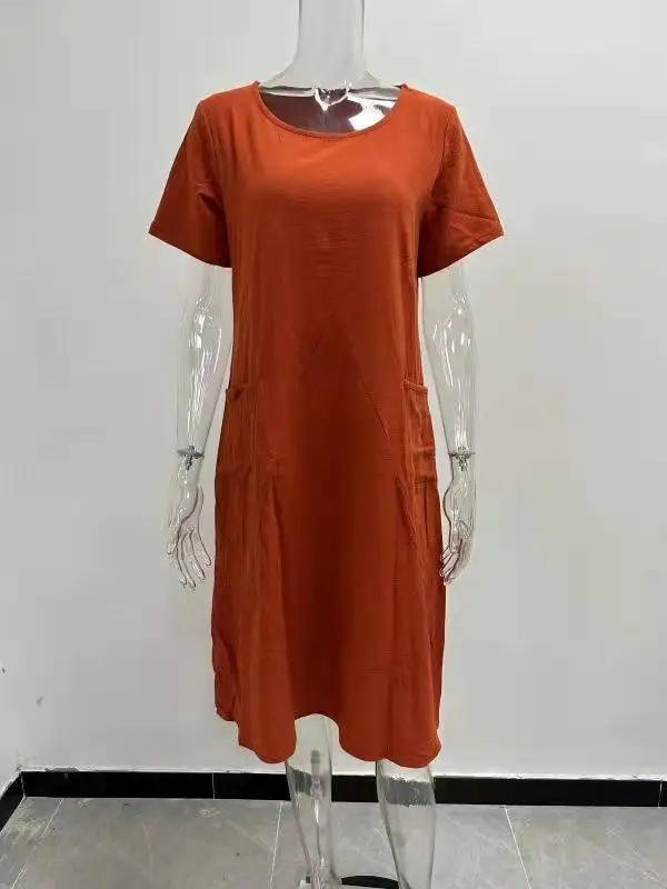 2023 Hot Cotton Linen Dress Beige Round Neck Short Sleeve — feature 5