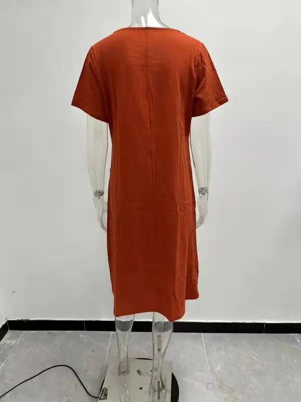 2023 Hot Cotton Linen Dress Beige Round Neck Short Sleeve — feature 6