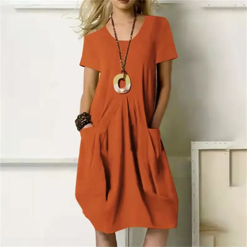 2023 Hot Cotton Linen Dress Beige Round Neck Short Sleeve — feature 9