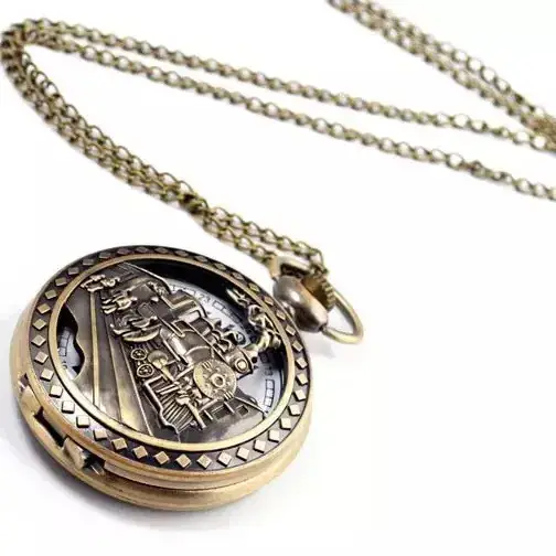 Retro Bronze Train Head Necklace Pendant Pocket Watch