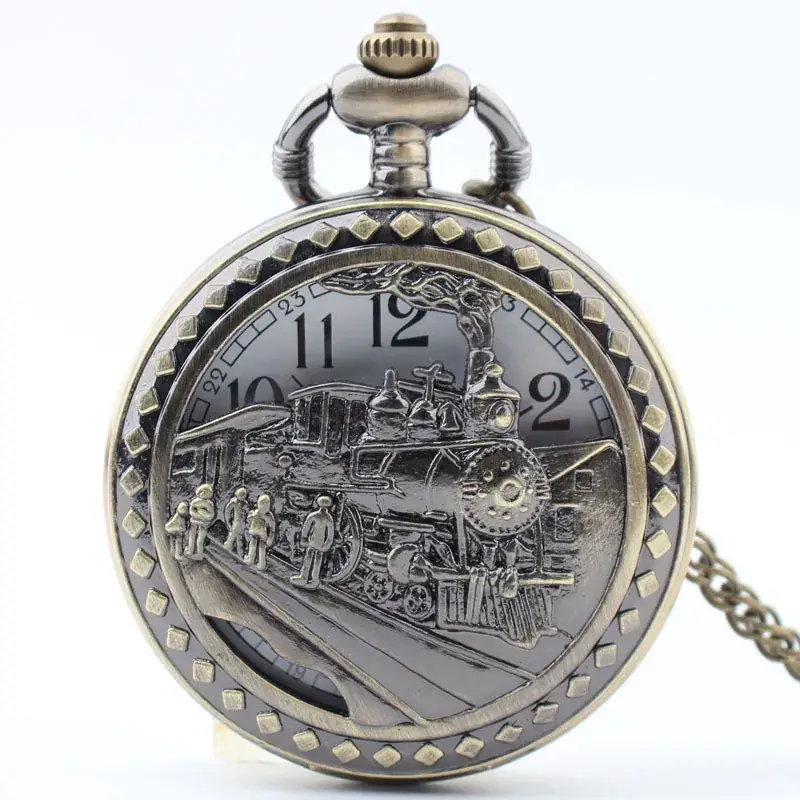 Retro Bronze Train Head Necklace Pendant Pocket Watch