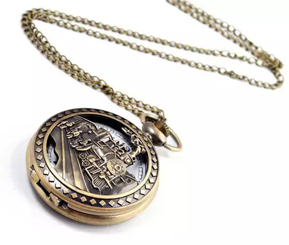 Retro Bronze Train Head Necklace Pendant Pocket Watch — feature 3