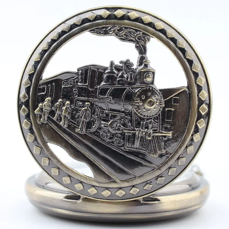 Retro Bronze Train Head Necklace Pendant Pocket Watch — feature 4