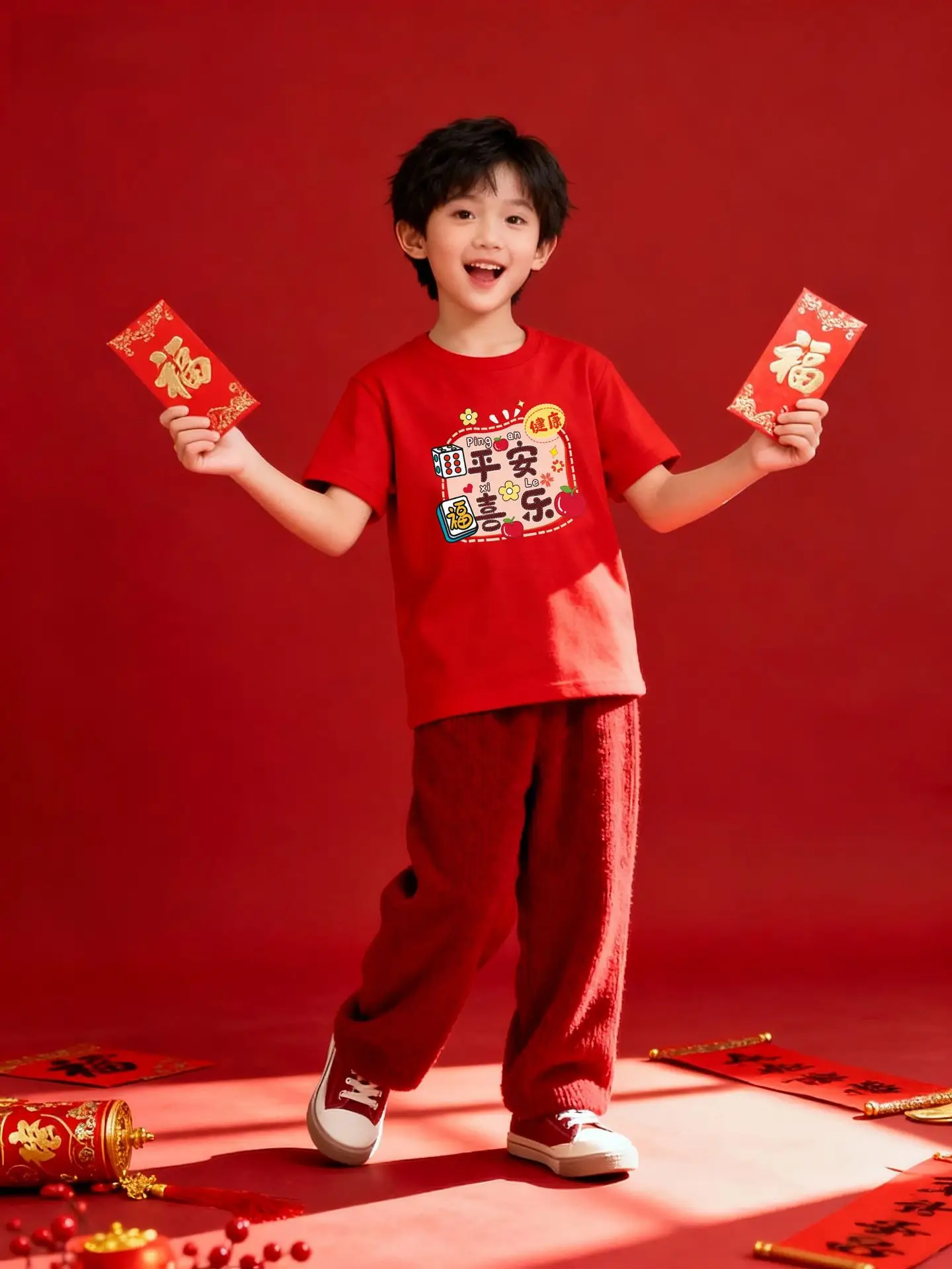 Family Red Cotton T-Shirt Set for Kids & Adults - Image 14