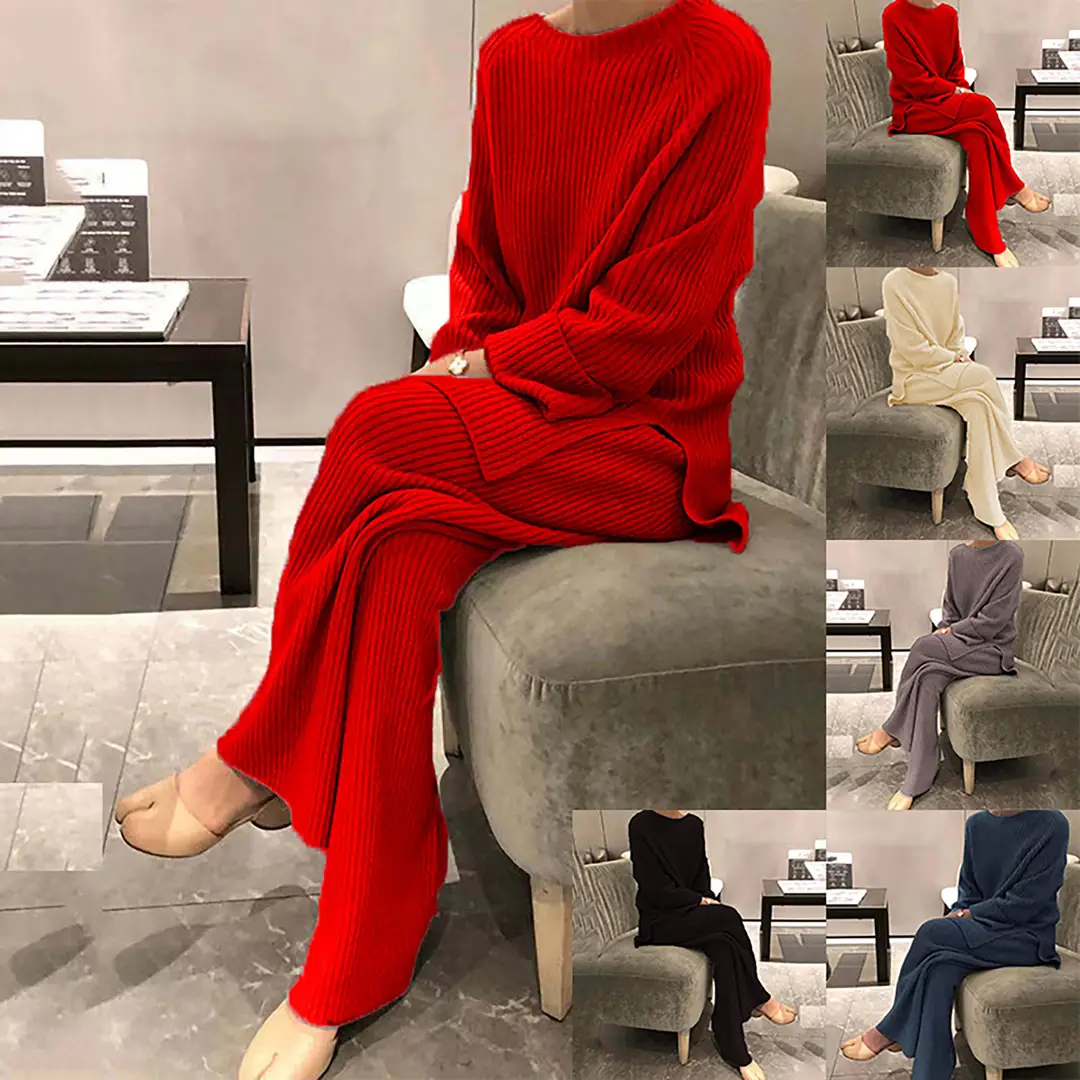 2025 Autumn and Winter European and American Style Loose Long-Sleeved Knitted Two-Piece Women's Casual Pure Color Sweater Suit - Image 8