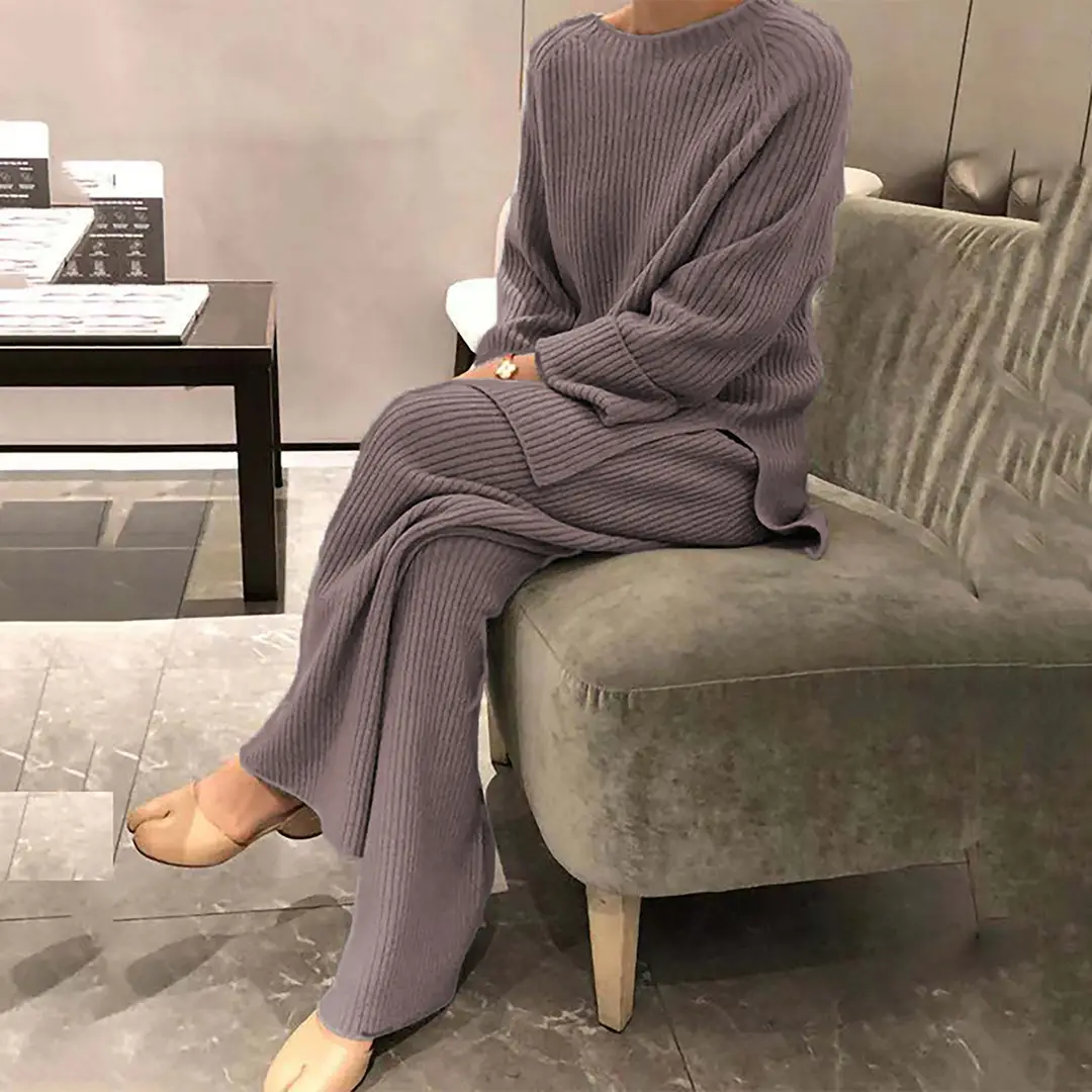 2025 Autumn and Winter European and American Style Loose Long-Sleeved Knitted Two-Piece Women's Casual Pure Color Sweater Suit - Image 10