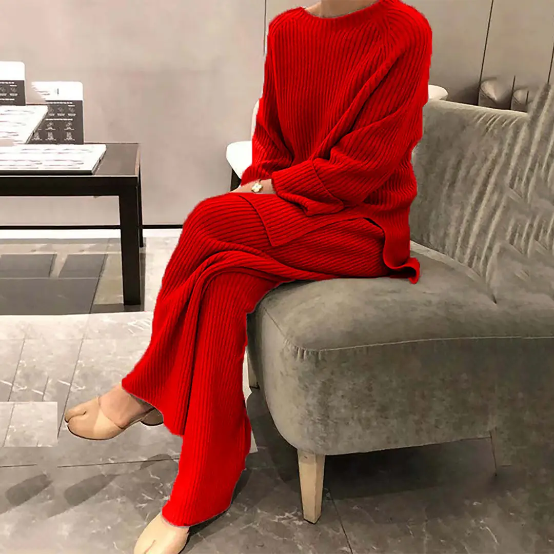 2025 Autumn and Winter European and American Style Loose Long-Sleeved Knitted Two-Piece Women's Casual Pure Color Sweater Suit — feature 10