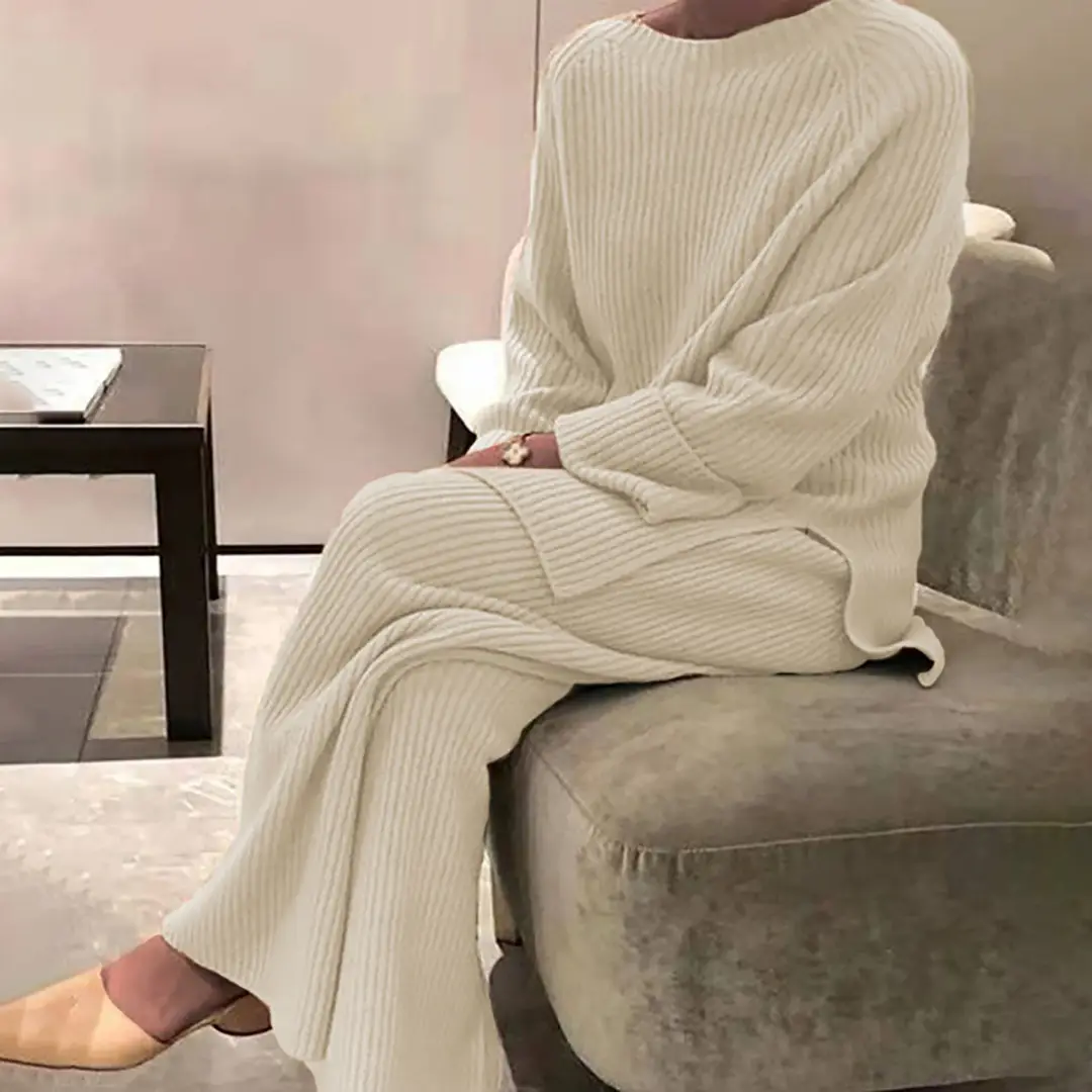 2025 Autumn and Winter European and American Style Loose Long-Sleeved Knitted Two-Piece Women's Casual Pure Color Sweater Suit - Image 5