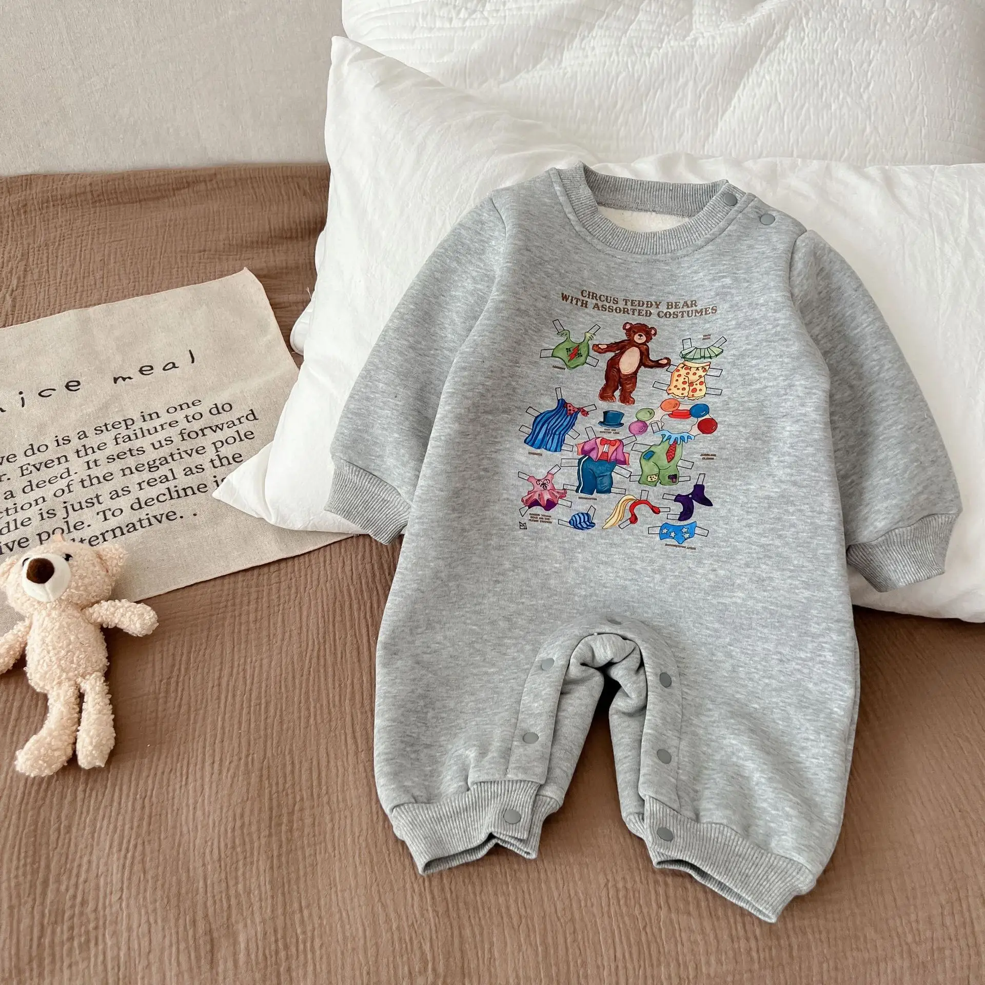 Cute Bear Print Infant Toddler Grey Cotton Romper