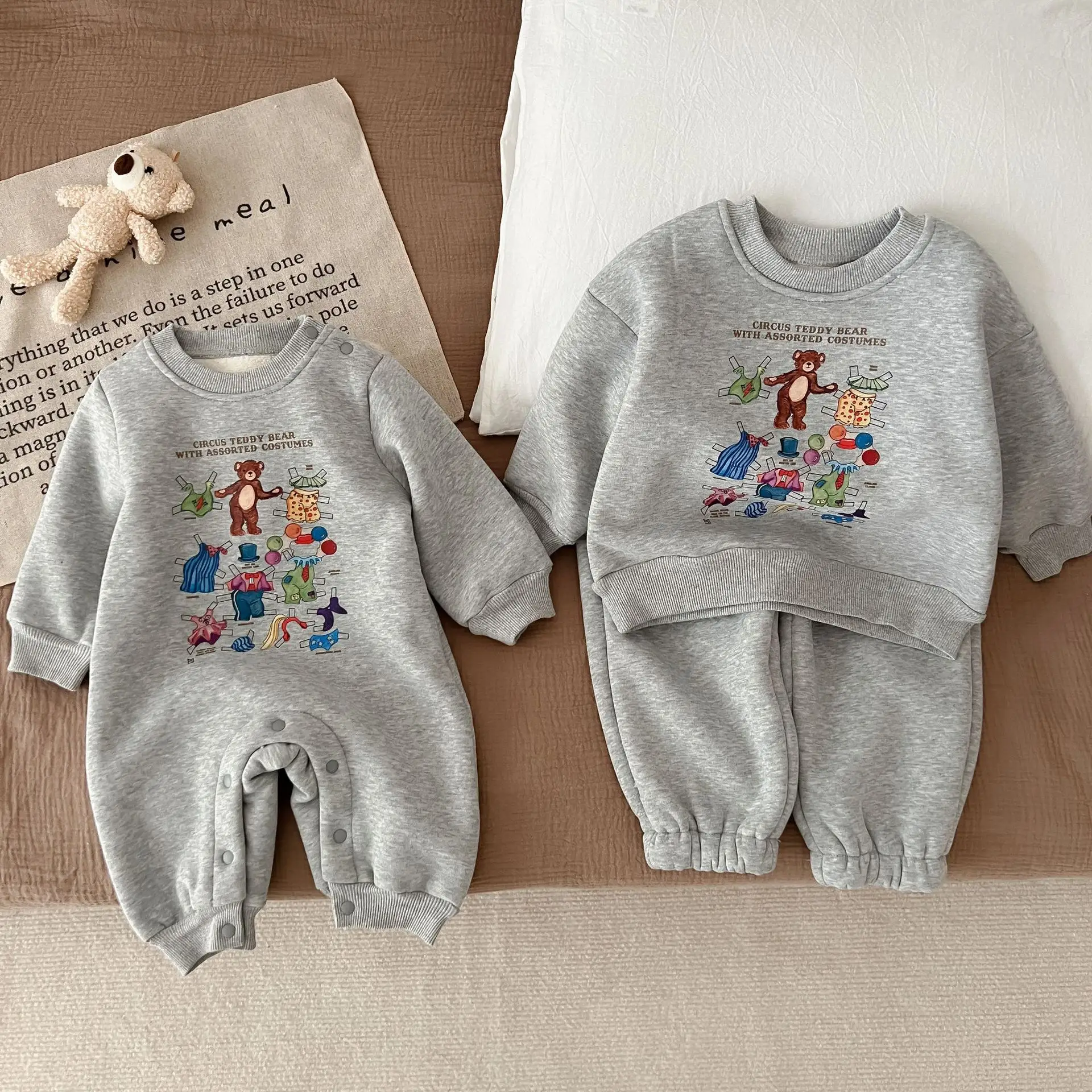 Cute Bear Print Infant Toddler Grey Cotton Romper — feature 5