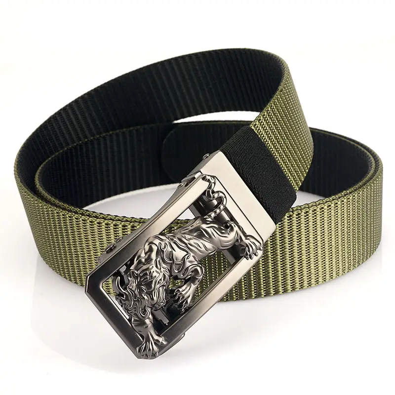 Men Green Embroidered Belt with Silver Buckle