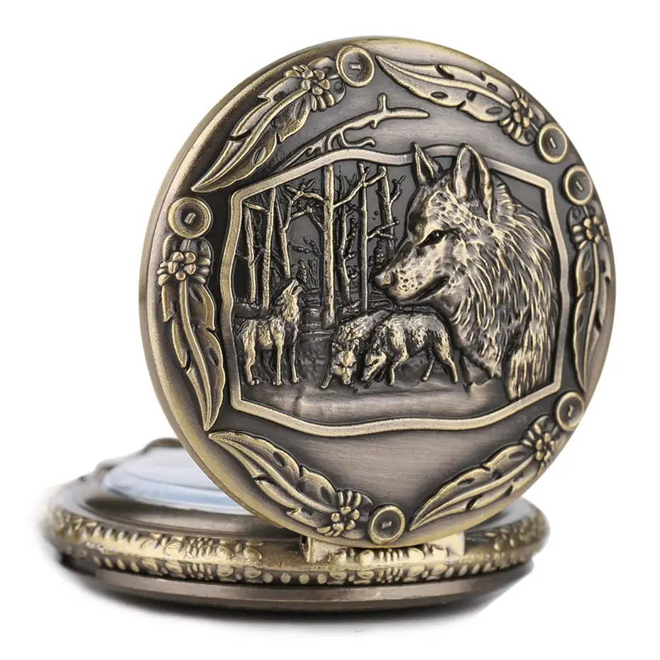 Vintage Bronze Wolf Pocket Watch with Chain Necklace — feature 4