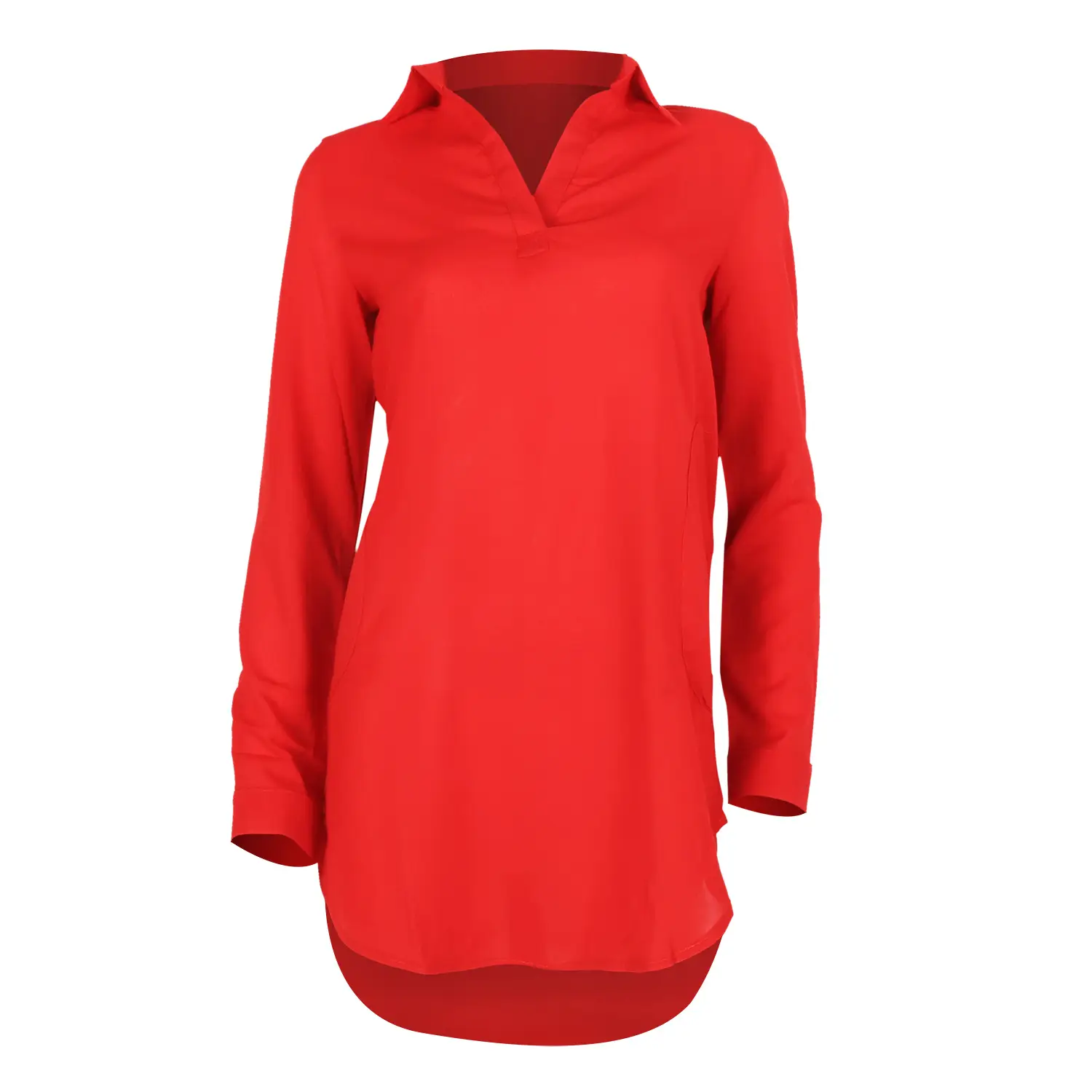 Women Red V-Neck Long Sleeve Chiffon Shirt - Image 9