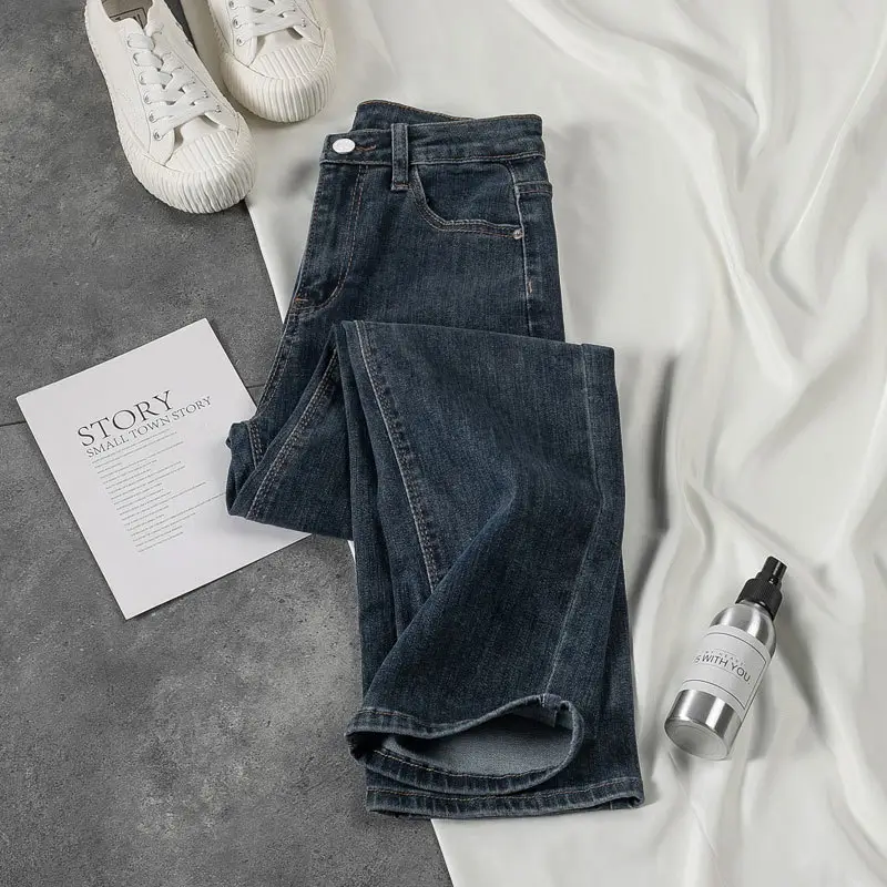 Women's Korean Style Straight Leg Jeans Blue Stretch Slim Fit Large - Image 5