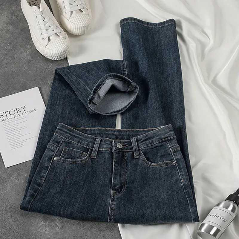 Women's Korean Style Straight Leg Jeans Blue Stretch Slim Fit Large - Image 6