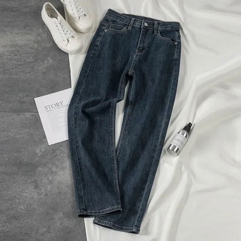 Women's Korean Style Straight Leg Jeans Blue Stretch Slim Fit Large - Image 7