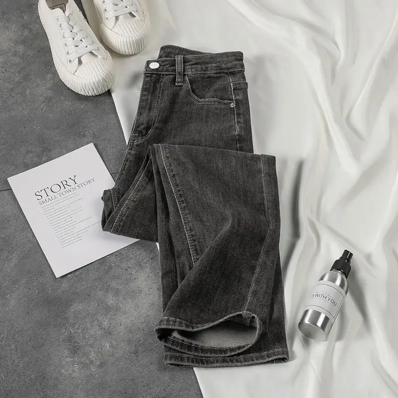 Women's Korean Style Straight Leg Jeans Blue Stretch Slim Fit Large - Image 2