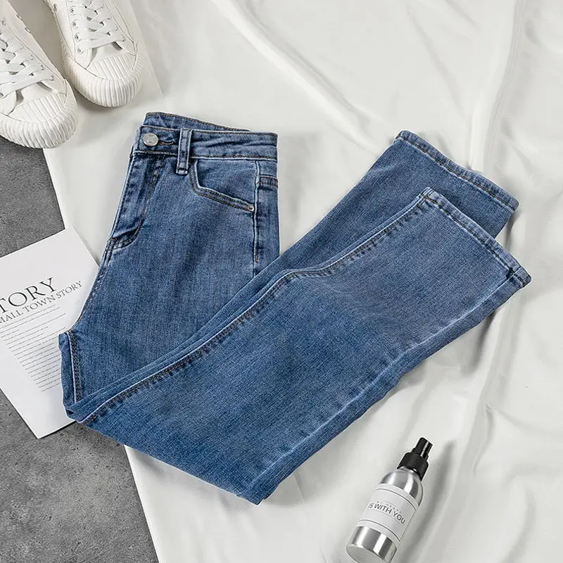 Women's Korean Style Straight Leg Jeans Blue Stretch Slim Fit Large - Image 3