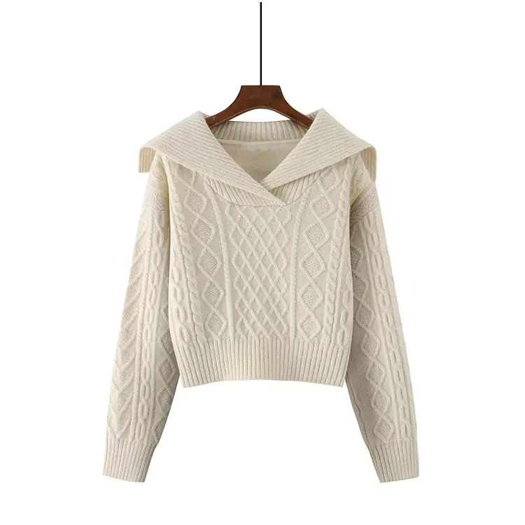 Women Navy Knit Pullover Collar Lazy Winter Top