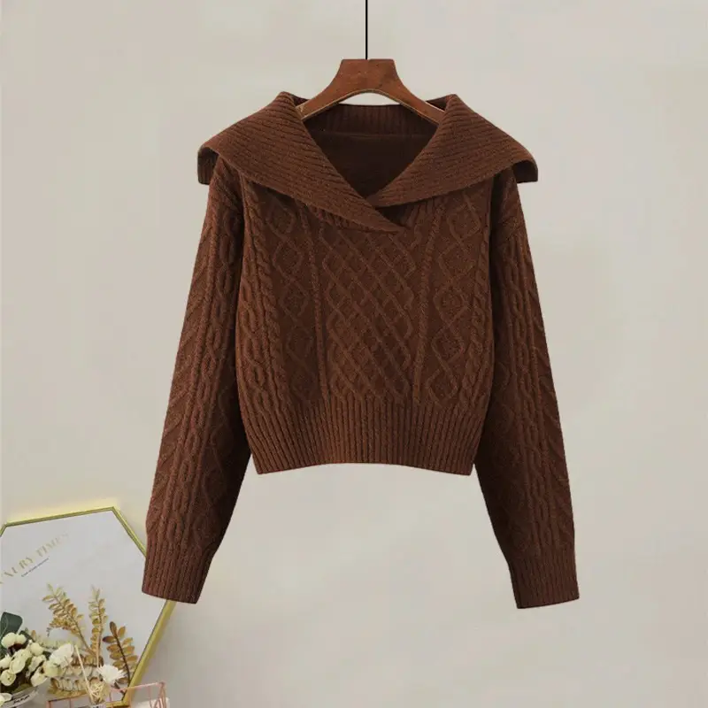 Women Navy Knit Pullover Collar Lazy Winter Top