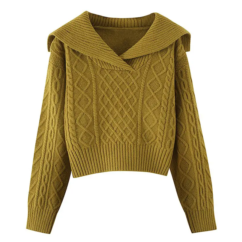 Women Navy Knit Pullover Collar Lazy Winter Top