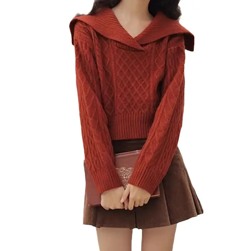 Women Navy Knit Pullover Collar Lazy Winter Top