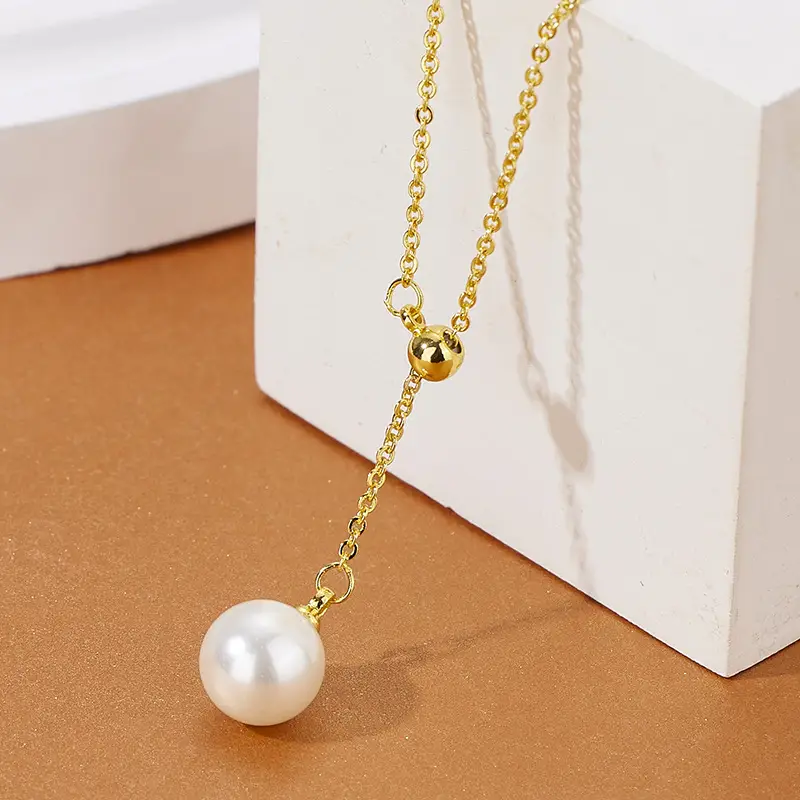 Pearl Necklace 18K Gold Telescopic Y Chain Single Bead - Image 4