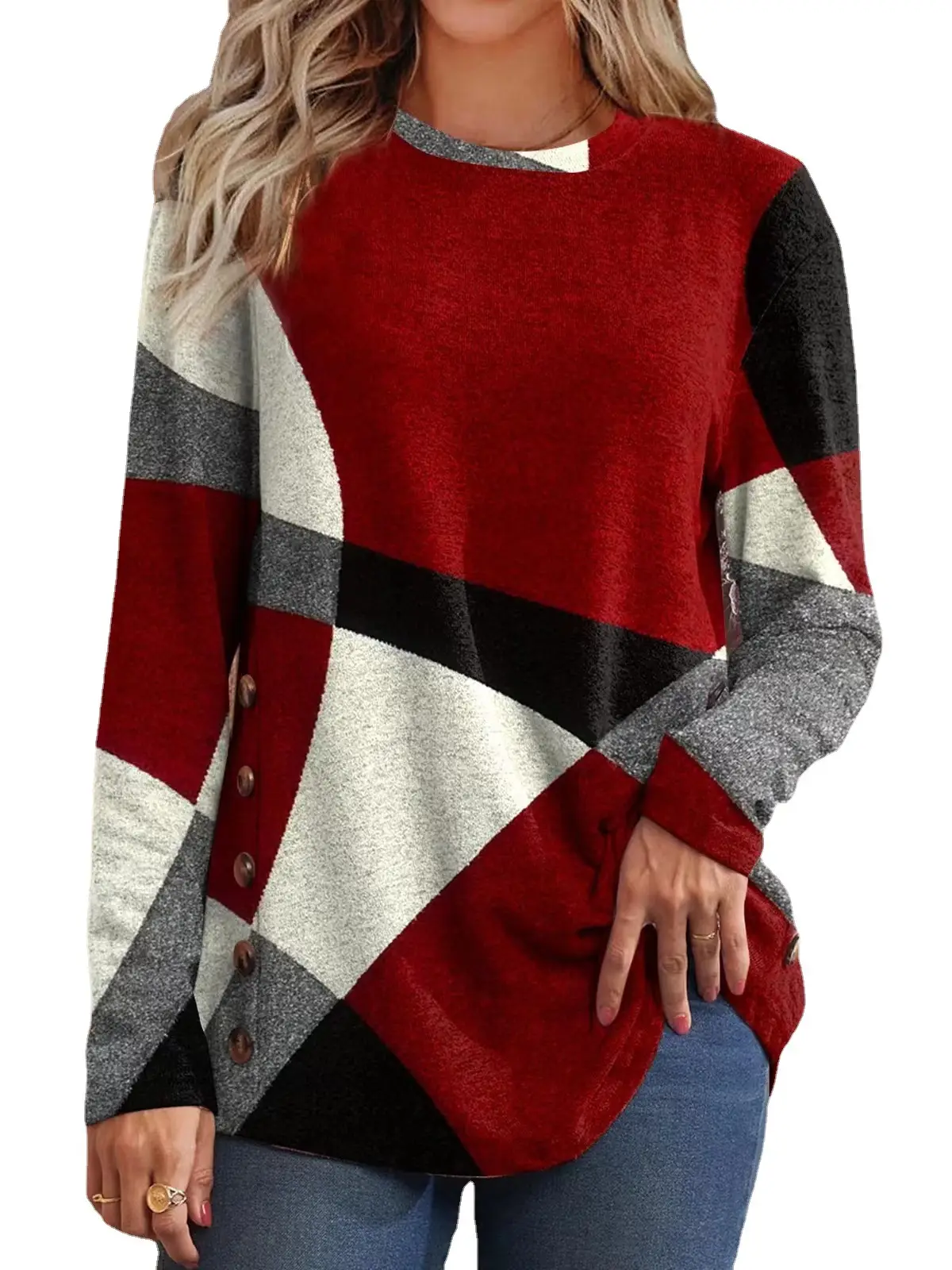 Women French Cashmere Printed Long Sleeve T-Shirt Top Red Black Grey - Image 10