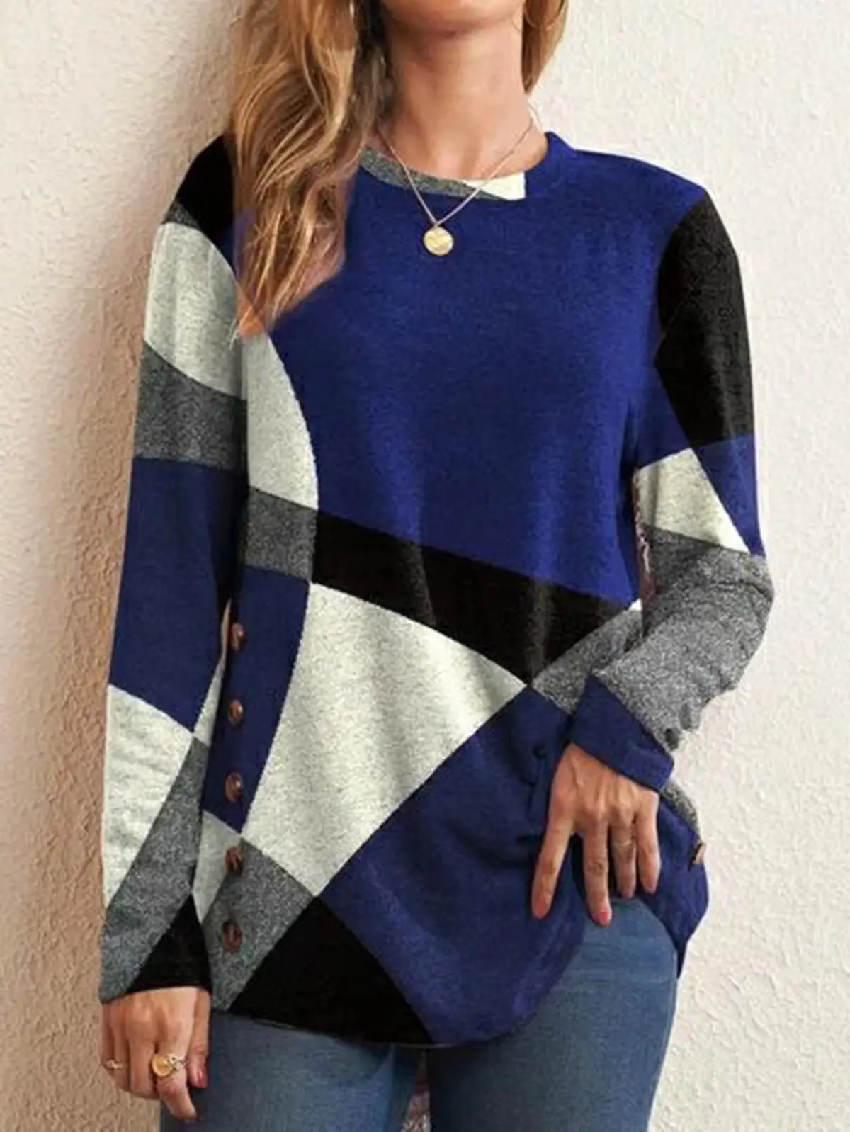 Women French Cashmere Printed Long Sleeve T-Shirt Top Red Black Grey - Image 2