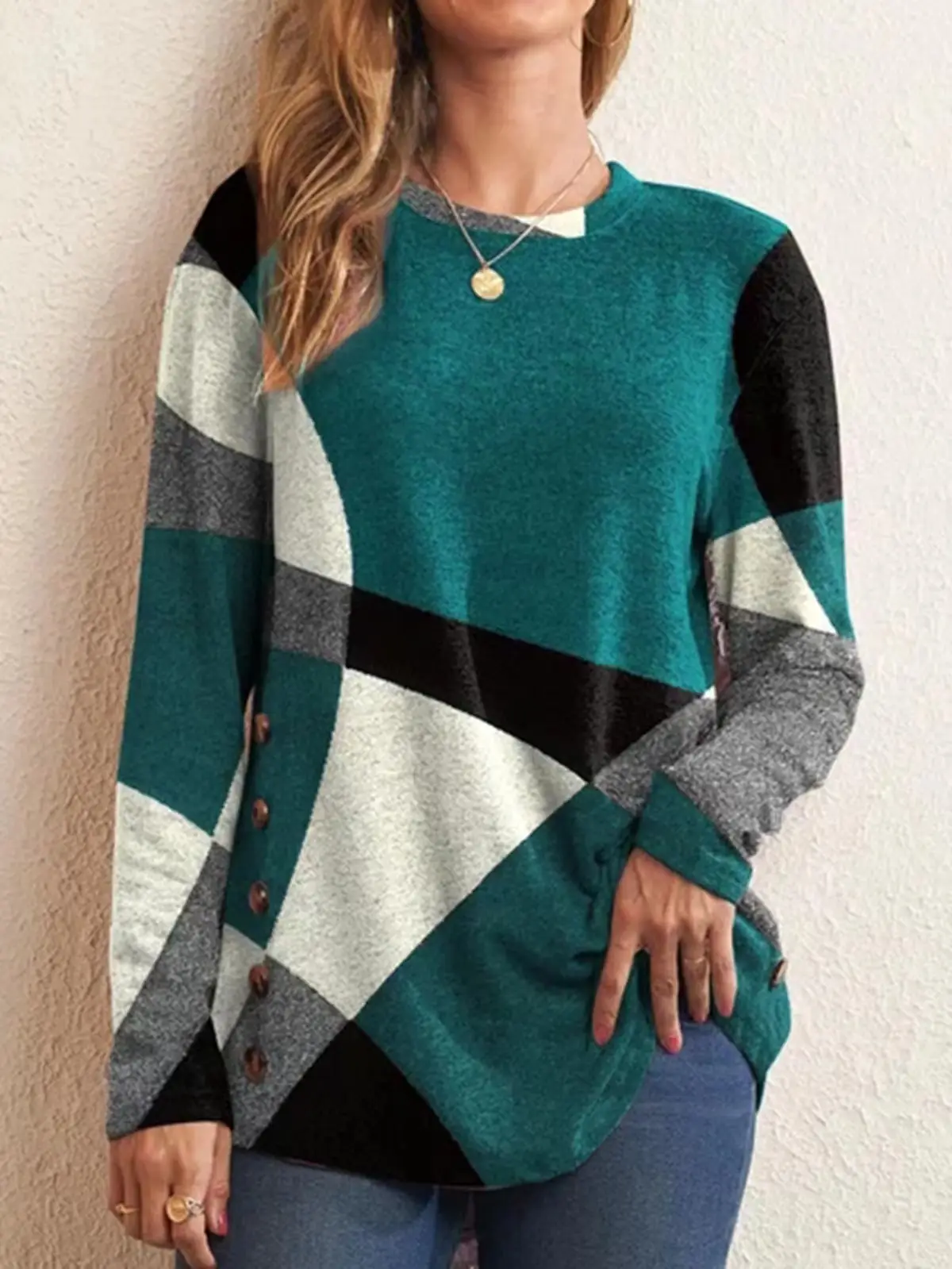 Women French Cashmere Printed Long Sleeve T-Shirt Top Red Black Grey - Image 4