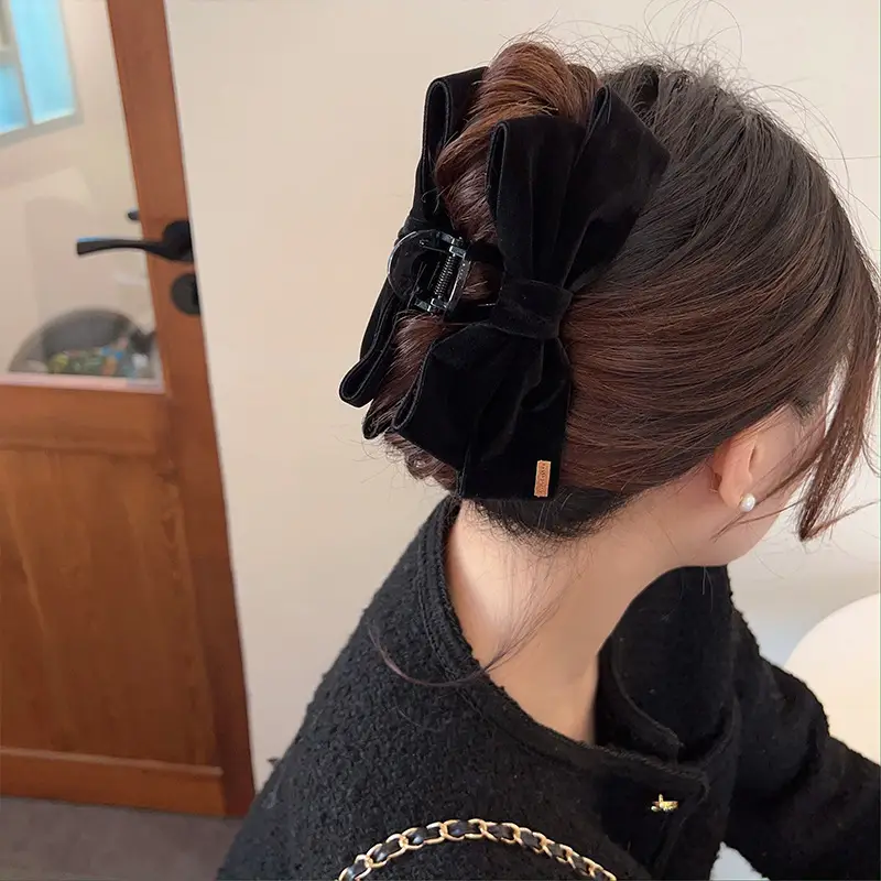 Black Velvet Big Bow Hair Clip for Women - Image 5