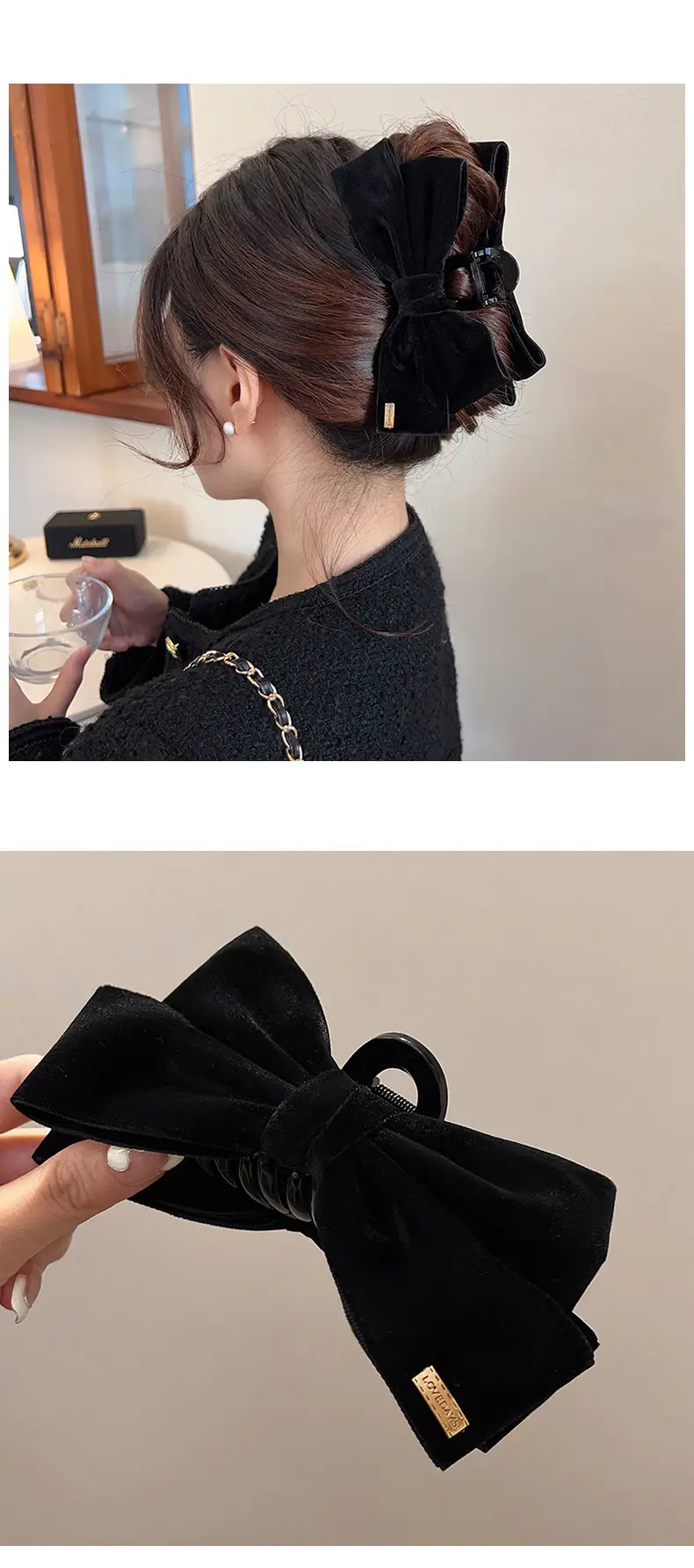Black Velvet Big Bow Hair Clip for Women — feature 1
