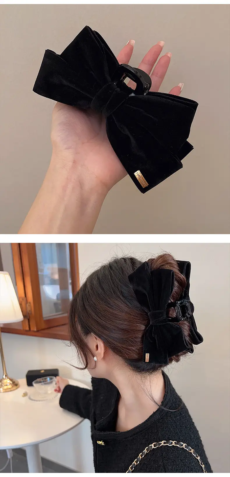 Black Velvet Big Bow Hair Clip for Women — feature 5
