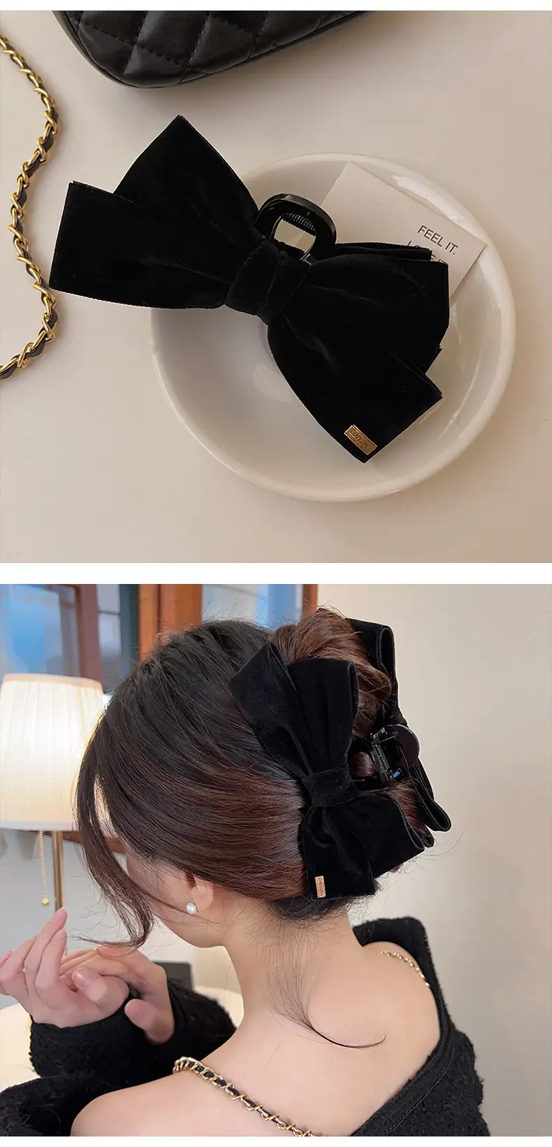 Black Velvet Big Bow Hair Clip for Women — feature 7