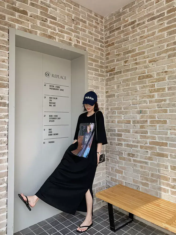 Women Printed Long Dress Black Summer Korean Style — feature 10