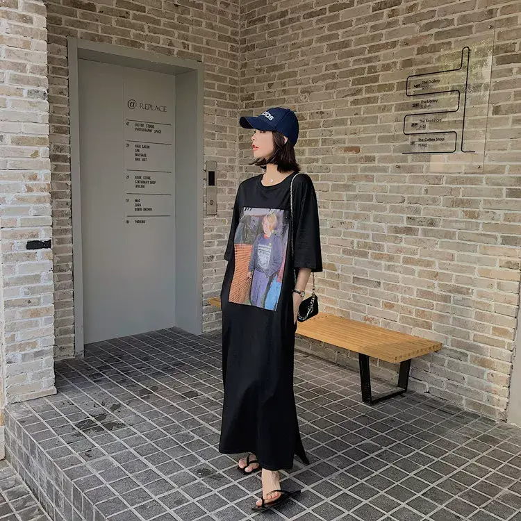Women Printed Long Dress Black Summer Korean Style — feature 13