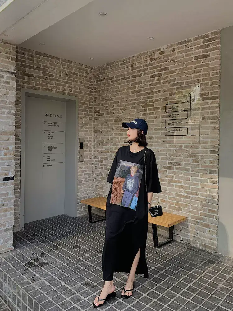 Women Printed Long Dress Black Summer Korean Style — feature 15