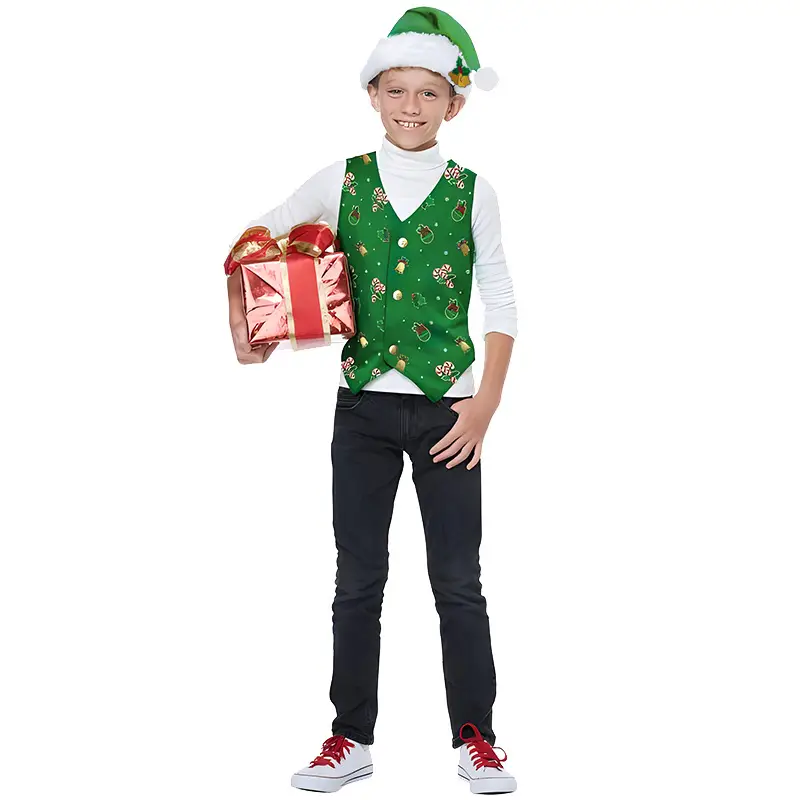 Christmas Elf Costume for Kids Red Vest & Hat Set - Image 4