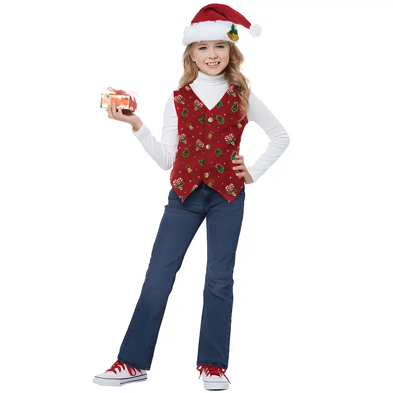 Christmas Elf Costume for Kids Red Vest & Hat Set - Image 5