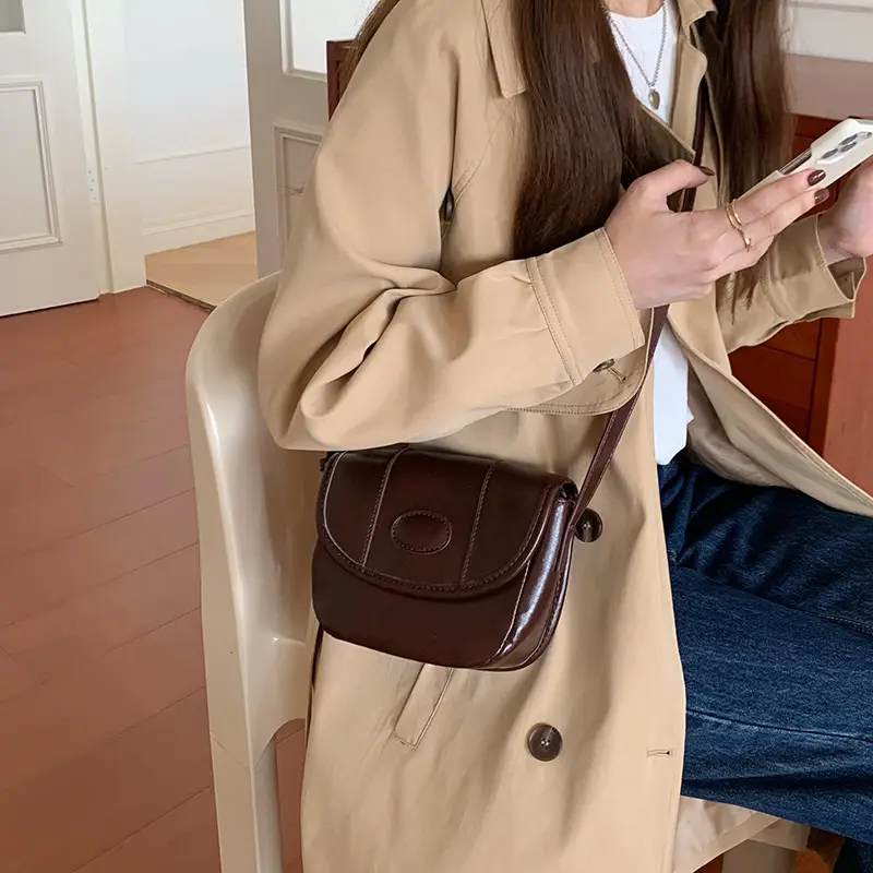 Women Korean Retro Wax Leather Saddle Bag Brown 2026 - Image 7