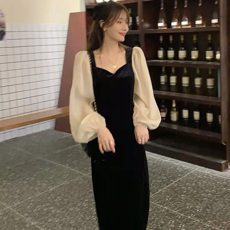 Black Velvet Puff Sleeve Women's Dress Winter — feature 3