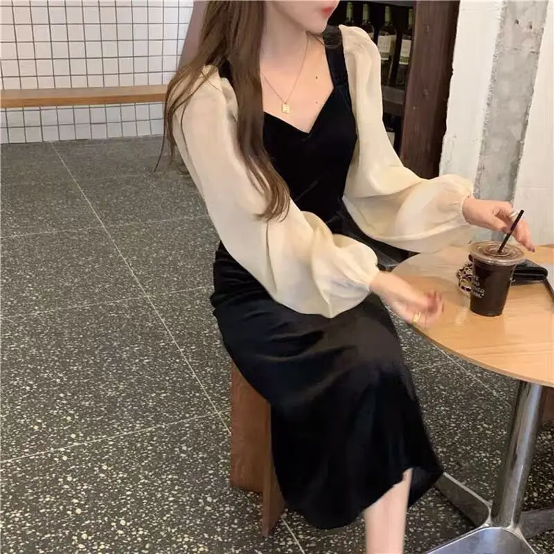 Black Velvet Puff Sleeve Women's Dress Winter — feature 5