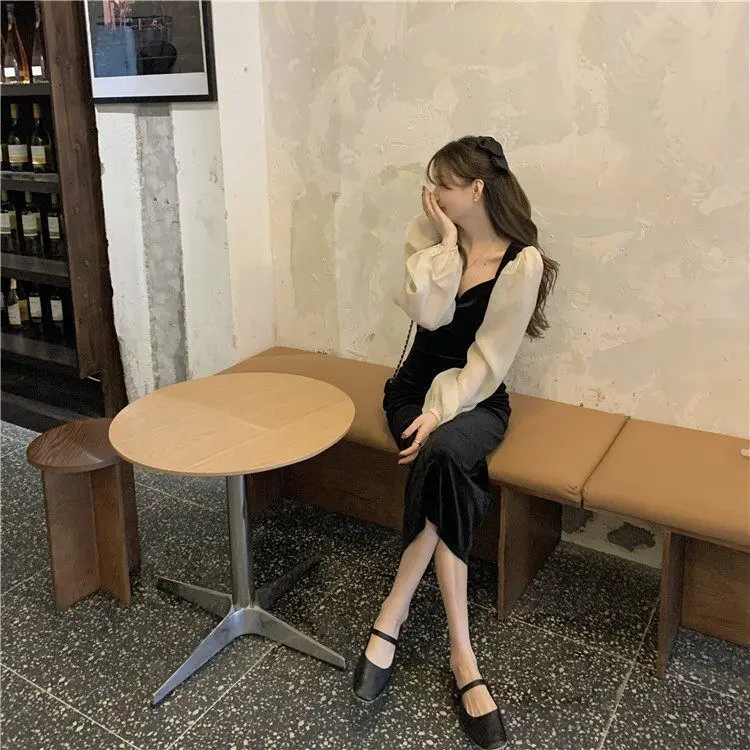 Black Velvet Puff Sleeve Women's Dress Winter — feature 6