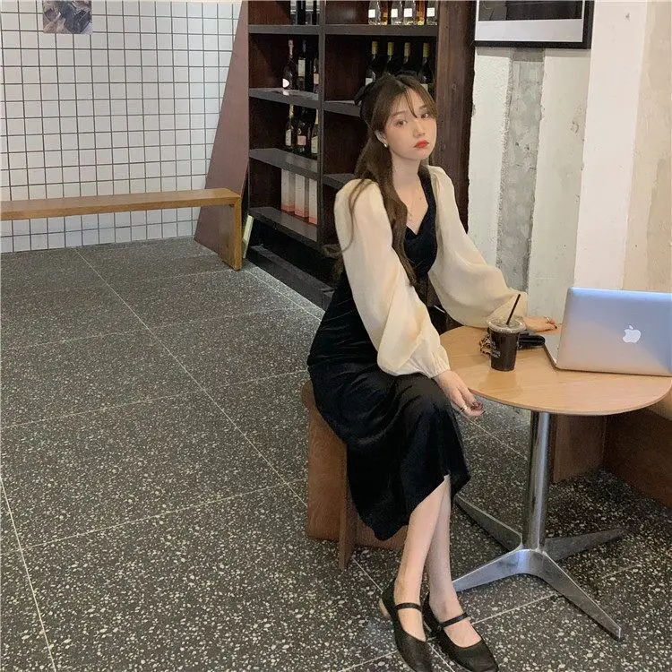 Black Velvet Puff Sleeve Women's Dress Winter — feature 7