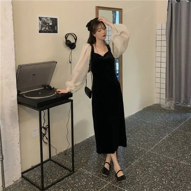 Black Velvet Puff Sleeve Women's Dress Winter — feature 8