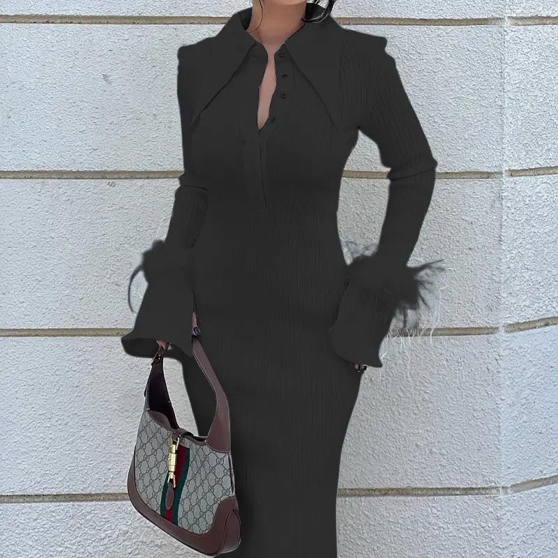 Women's Cross-Border Lapel Banquet Dress with Feather Long Sleeve - Image 3