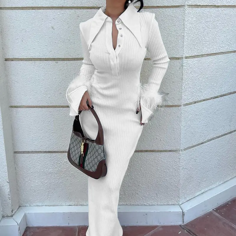 Women's Cross-Border Lapel Banquet Dress with Feather Long Sleeve - Image 4