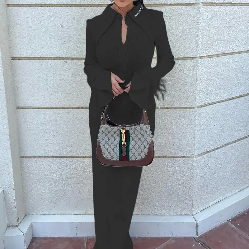 Women's Cross-Border Lapel Banquet Dress with Feather Long Sleeve - Image 5