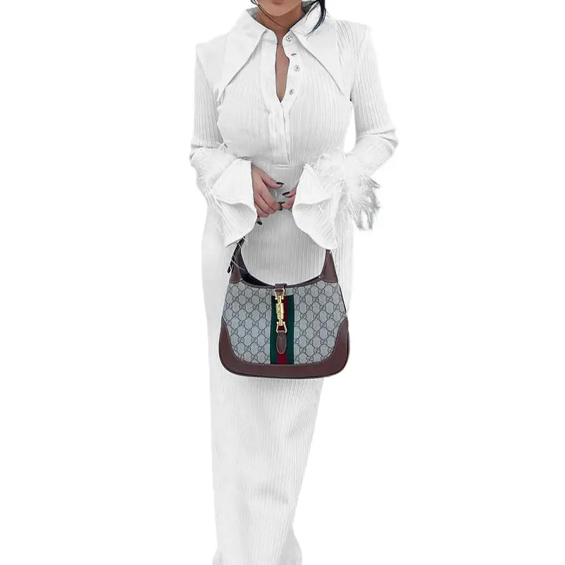 Women's Cross-Border Lapel Banquet Dress with Feather Long Sleeve - Image 6