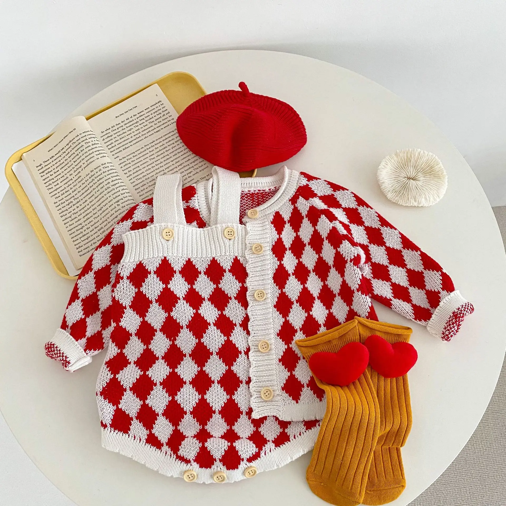 2025 Spring Baby Girl Knitted Diamond Sweater Jacket Set - Image 4